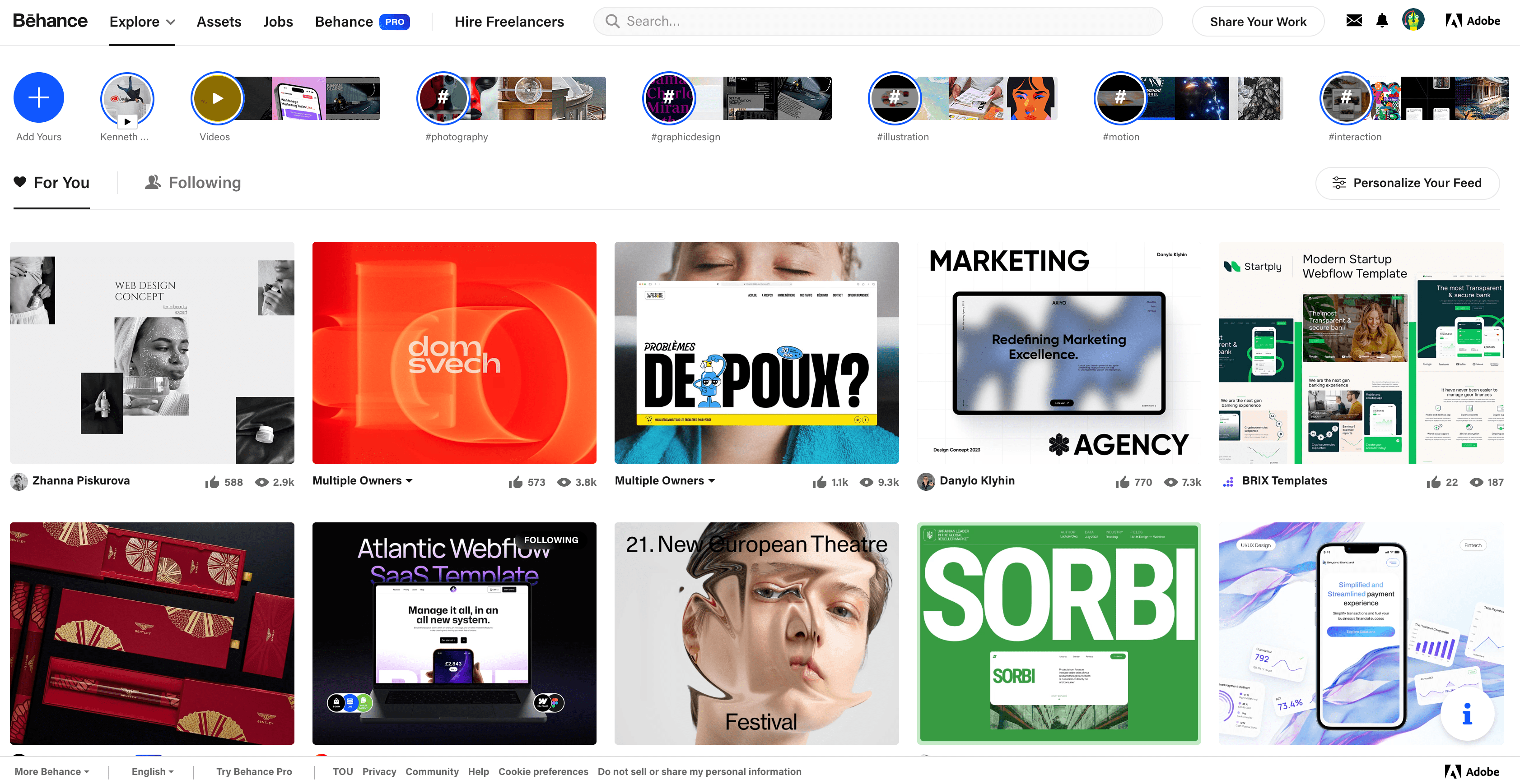A sreenshot of the Behance website showing different projects showcased by users on their homapge