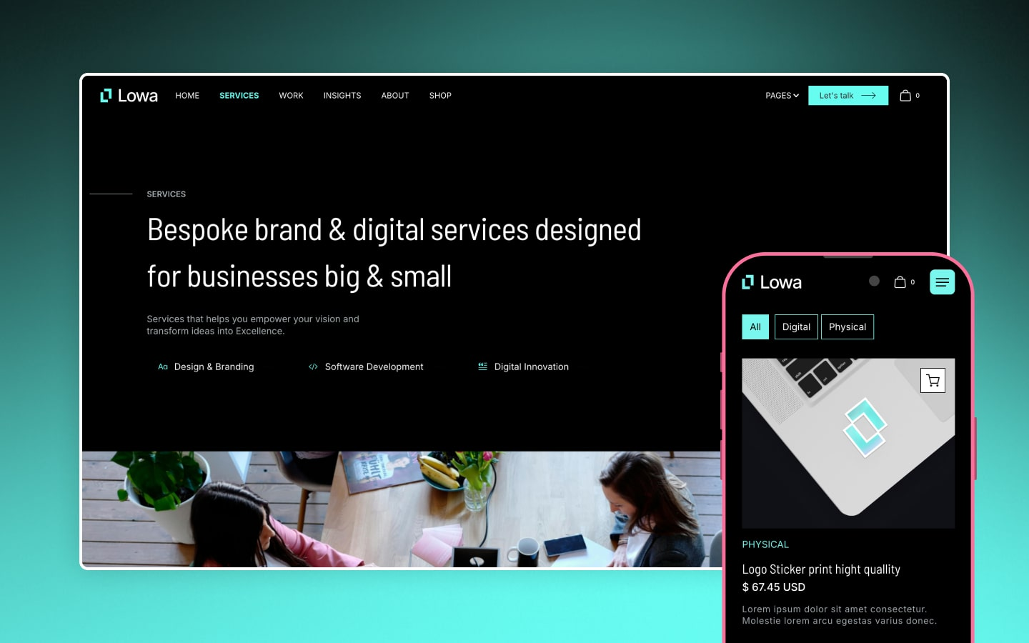 Desktop and mobile view of the Lowa Webflow template featuring services for brand, digital, and e-commerce with a modern, minimalist design.