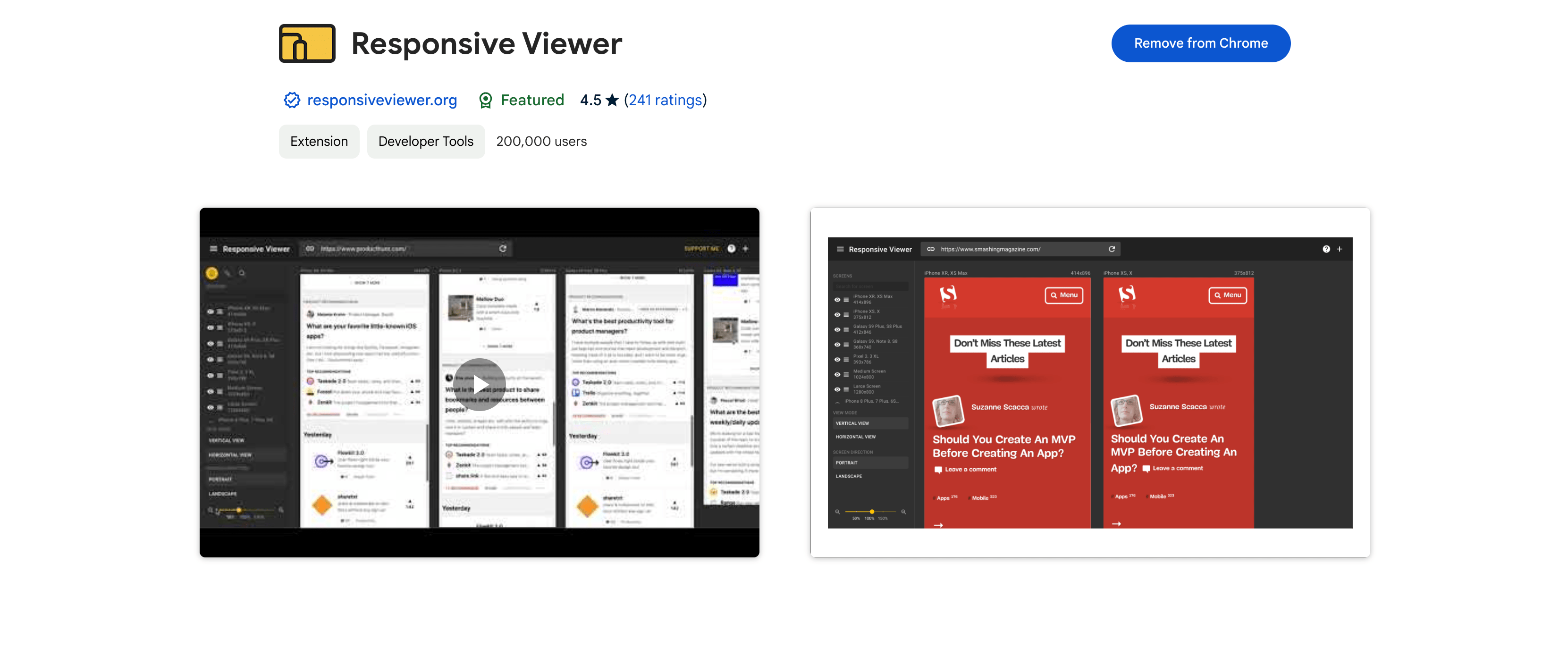 A screenshot of the Responsive Viewer chrome extension from the chrome plugins library