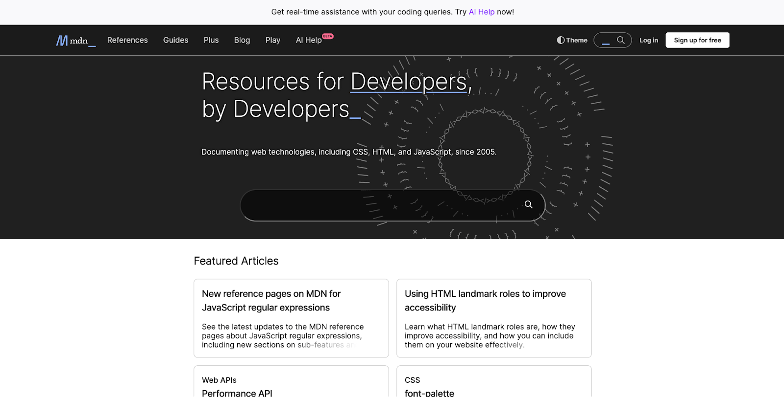 A screenshot of MDN Web Docs homepage, written with white text on a black background it says: "Resources for Developers by Developers"