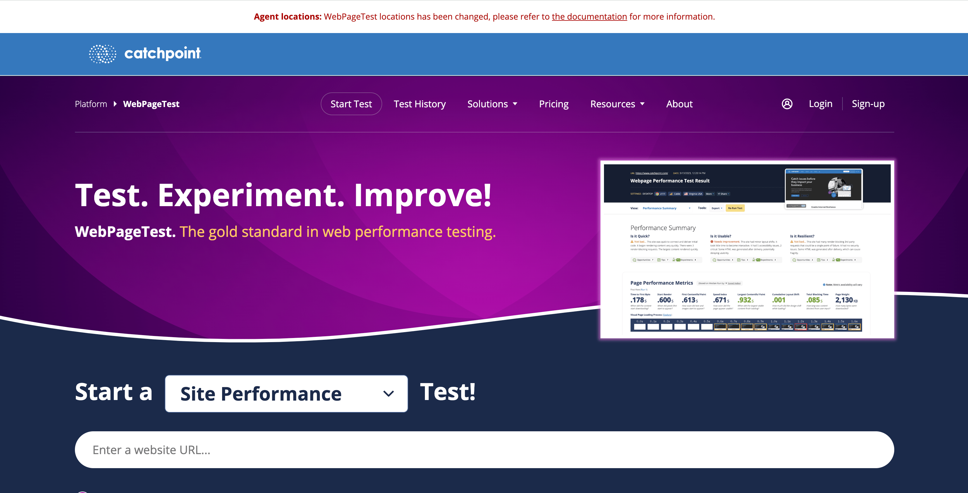 A screenshot of the Webpagetest website, a url bar is shown to start a site performance test