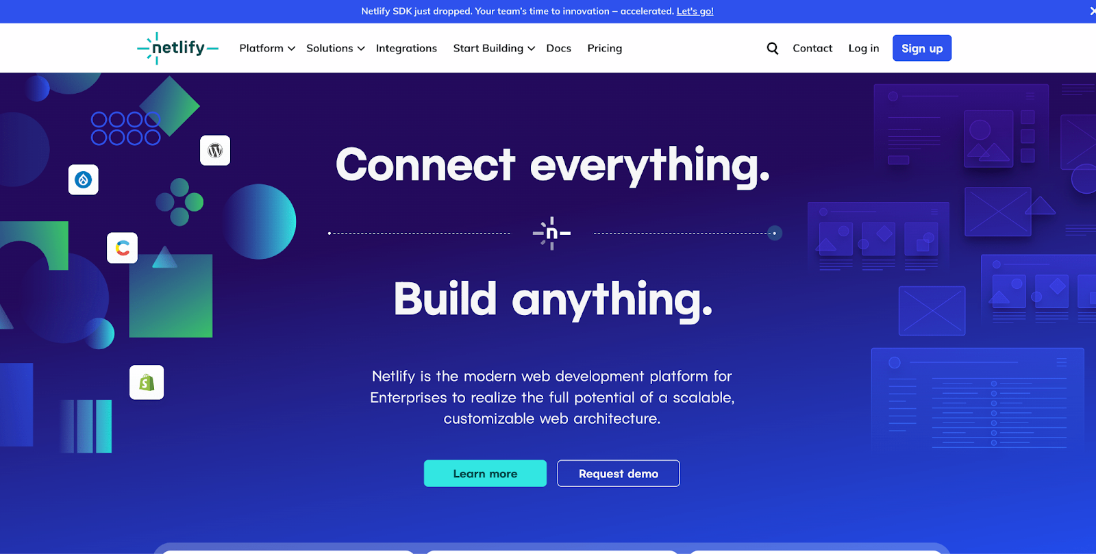 Nelify's homepage screenshot showing a blue background with text in the middle saying Connect everything.