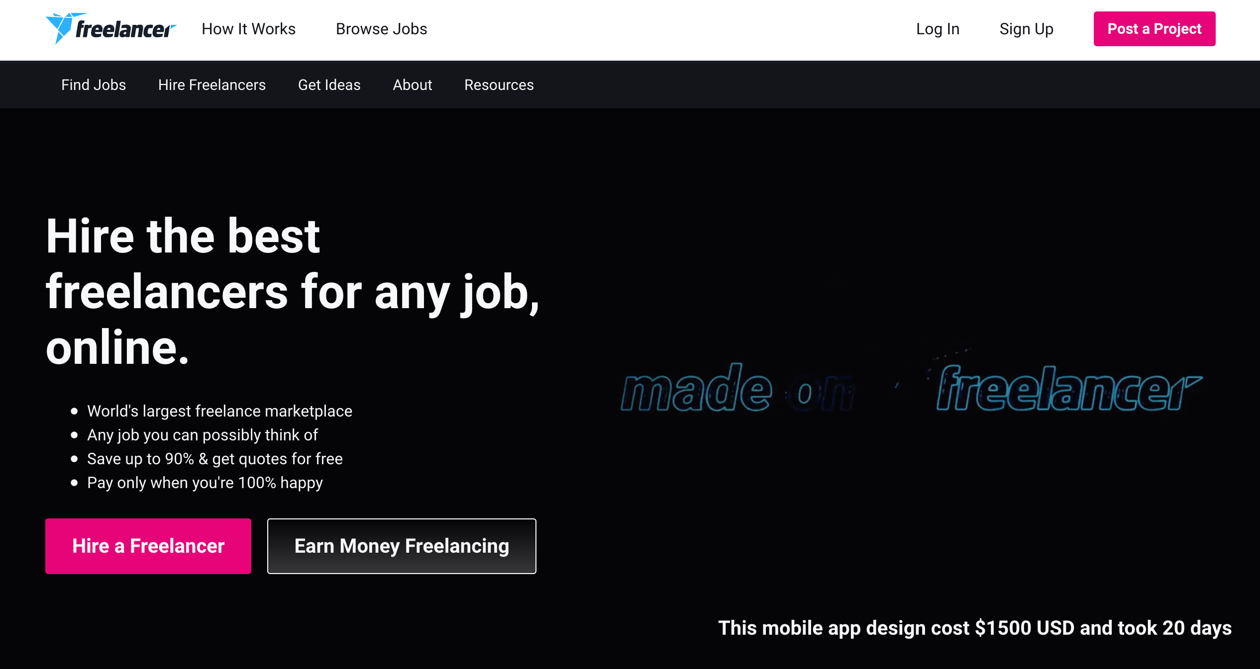 A screenshot of the freelancer.com homepage - Wedoflow