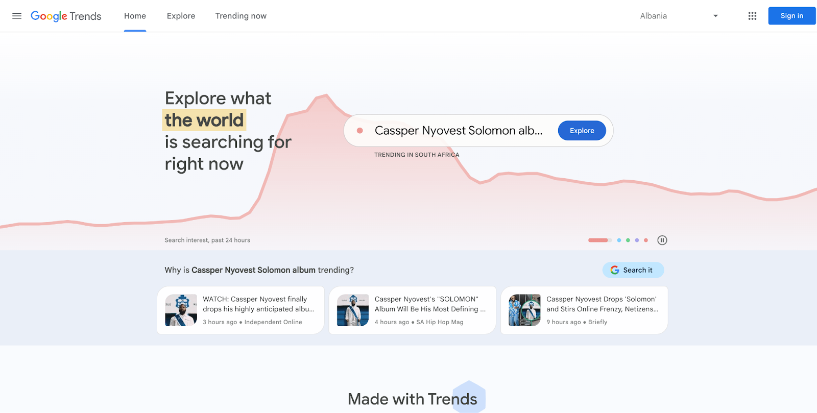 Google Trends homepage screenshot - with a message saying Explore what the world is searching for right now"