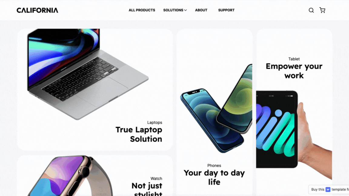 A gif interaction preview of Webflow Azwedo Califronia Ecommerce Template