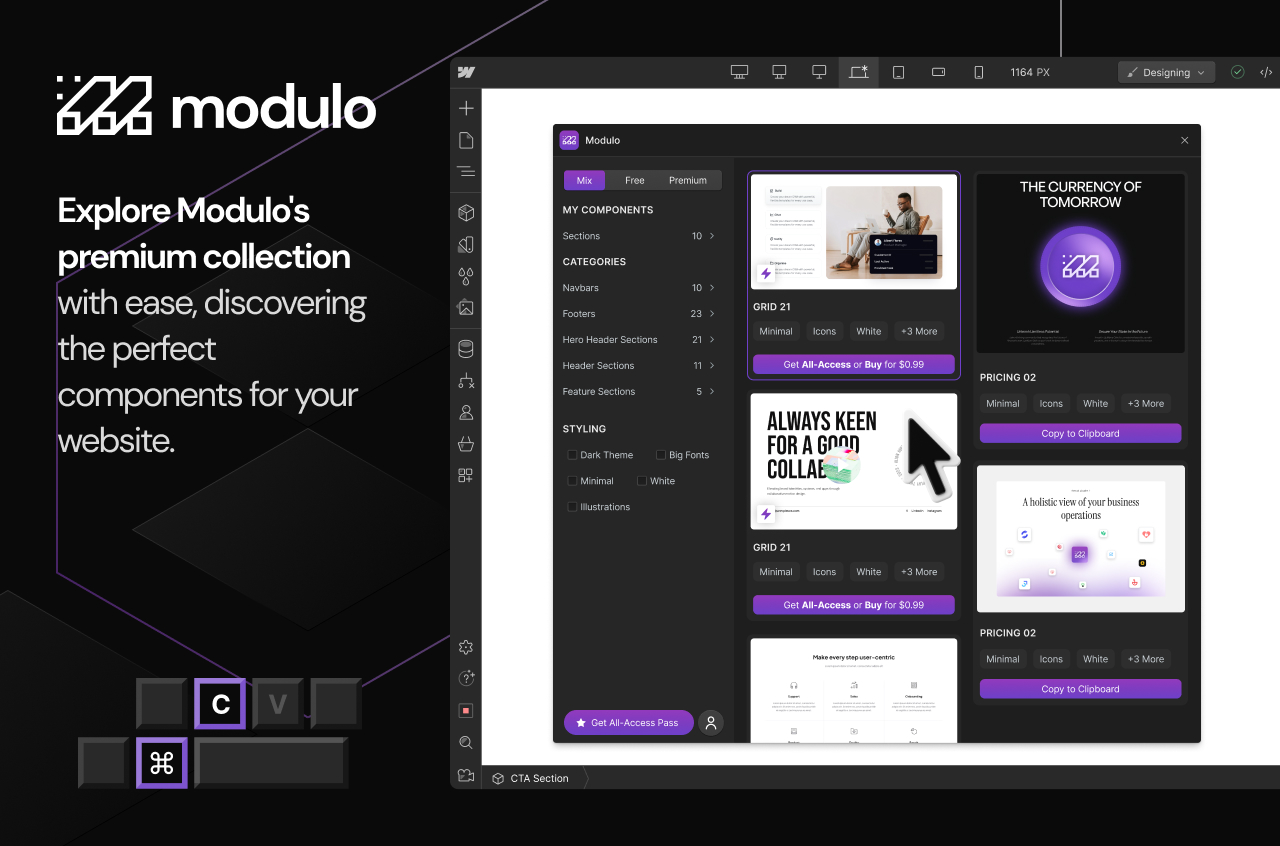 Webflow App Modulo - A preiew of its webflow components library - free and premium