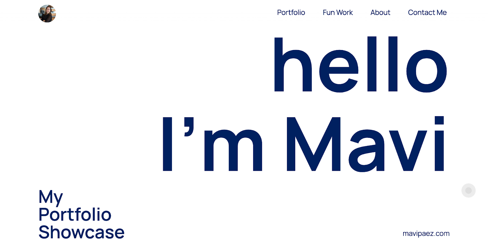 The homepage of Mavie Maez's portfolio website greets its users with a big text saying, 'Hello, I'm Mavi.