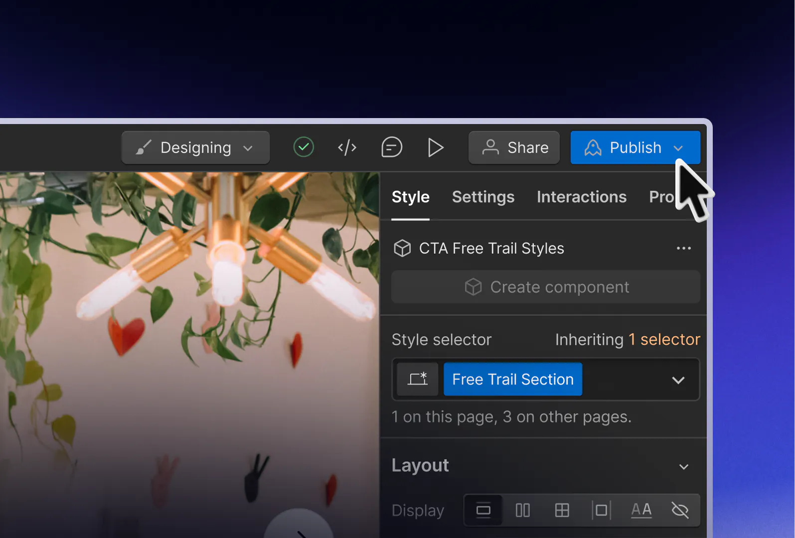 Webflow canvas showing the Site Publish button with the cursor over it