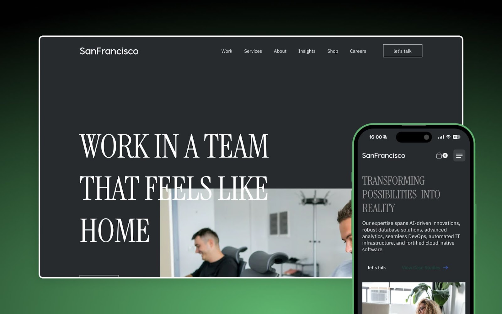 San Francisco Webflow agency template. A preview of the desktop and mobile design!
