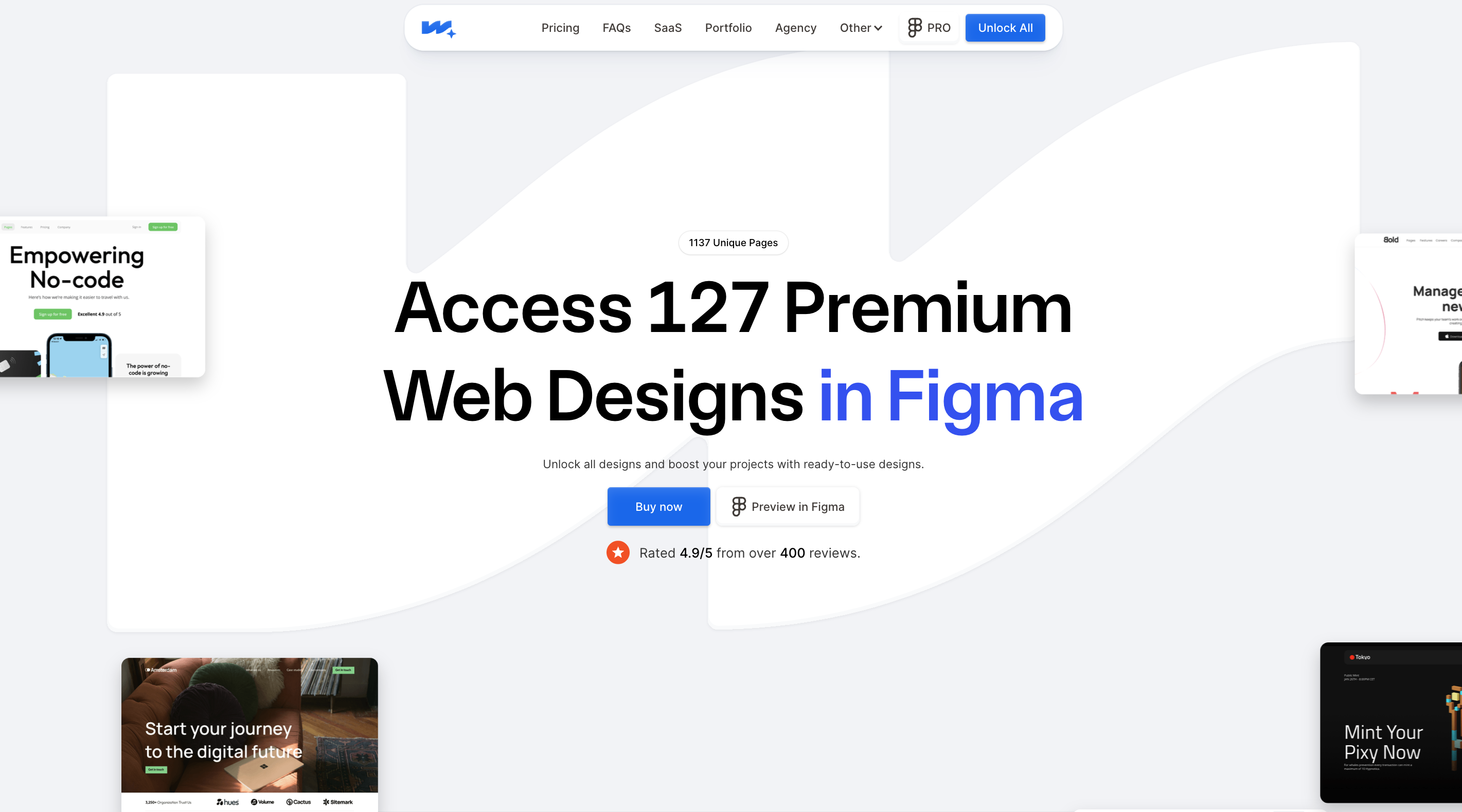 Wonderlist Design website preview, showing a big CTA in the hero section saying "Access 127 Premium Web Designs in Figma"