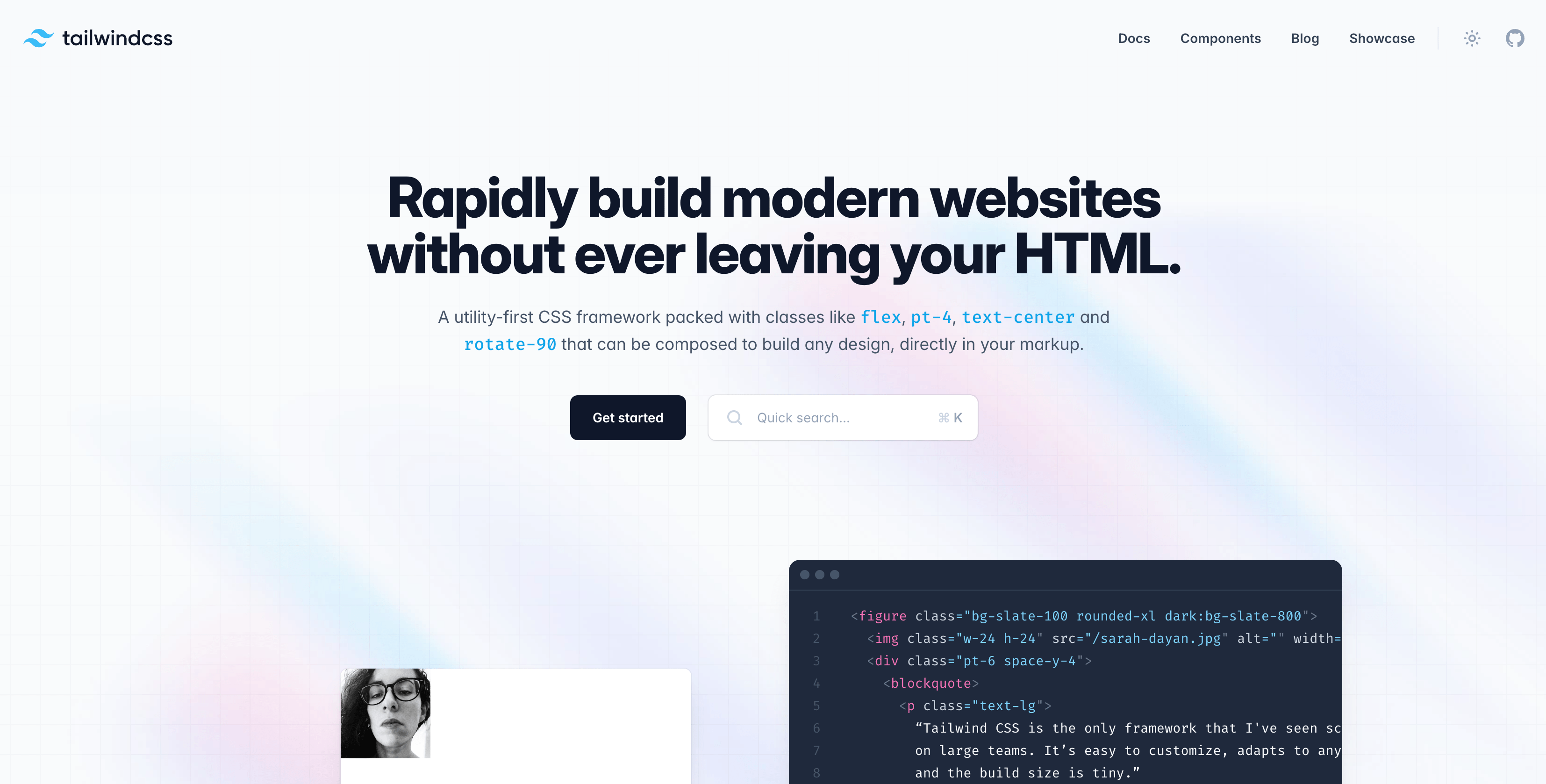 A screenshot of the tailwindcss website showing a text in bold saying: Rapidy buld modern websites without ever leaving your HTML.