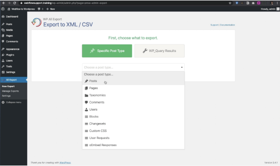 The process of exporting the wordpress content to XML/CVS when migrating to Webflow