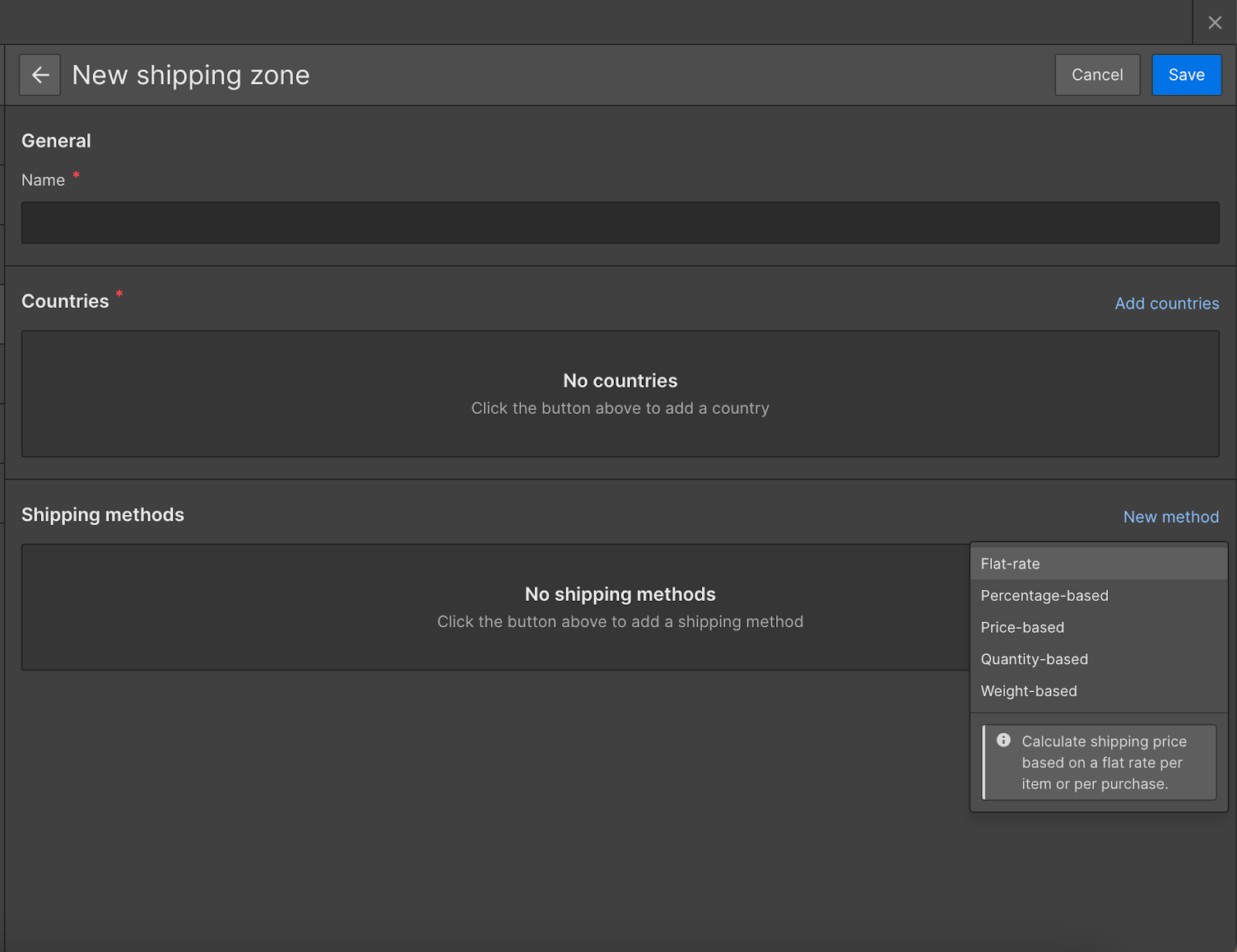 Shipping zone settings on webflow ecommerce