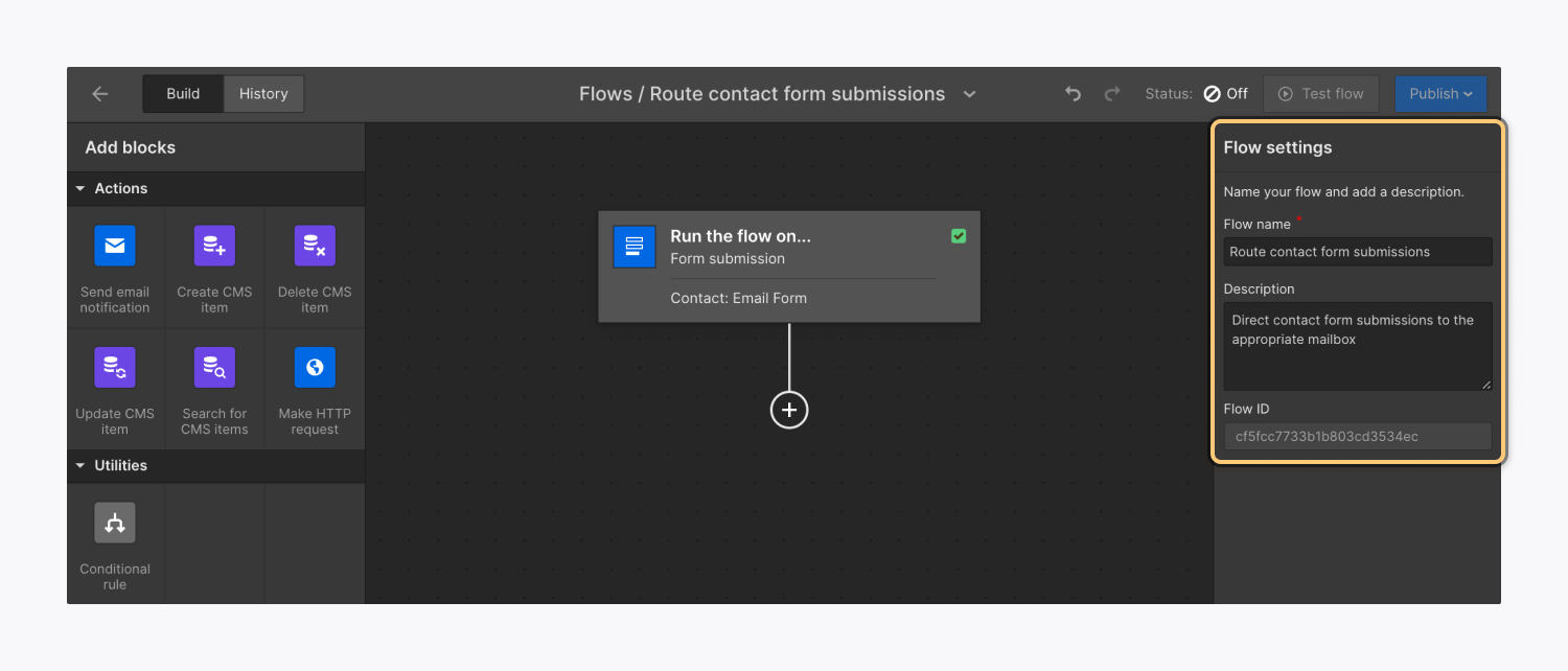 how to give your created flow a name - webflow logic flow settings