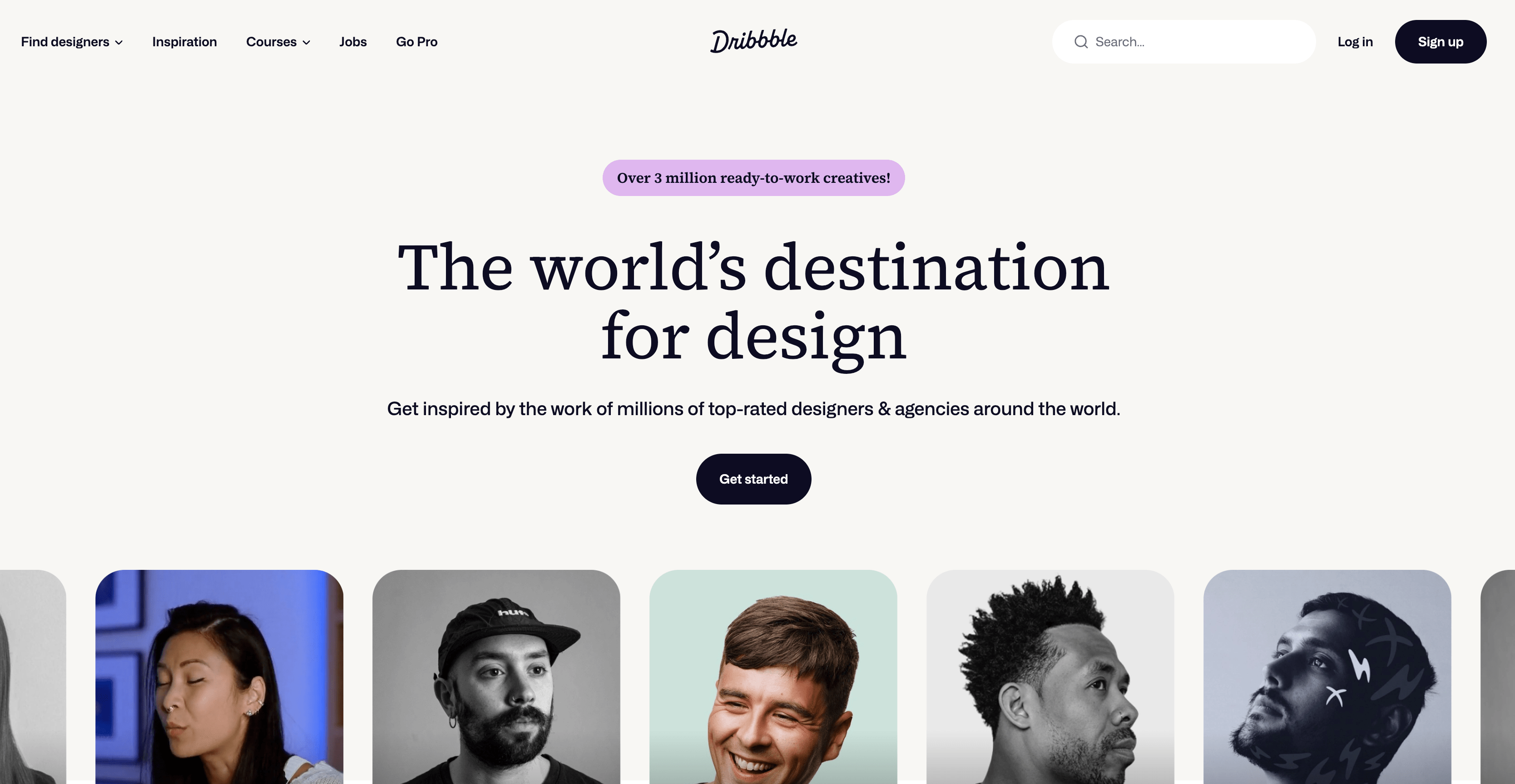 A screenshot of the Dribbble website showing a text that says "the world's destination for design"f