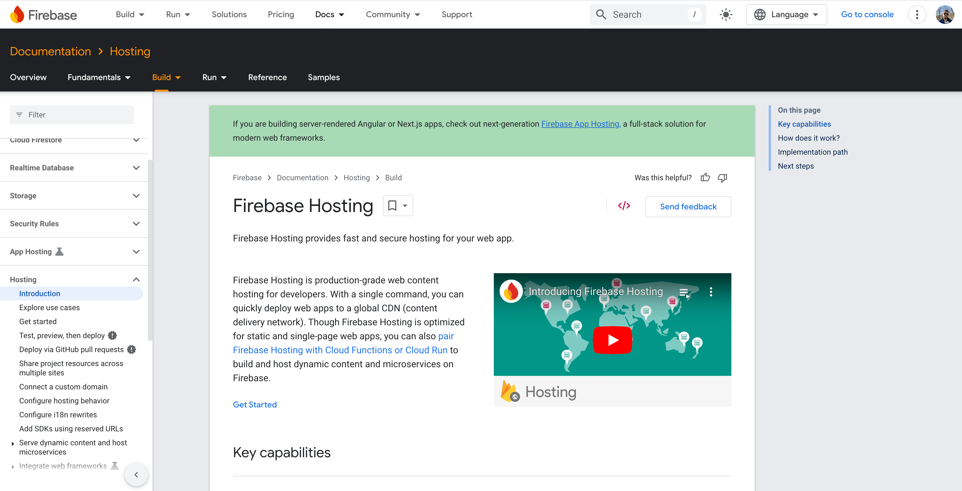 a view of the firebase hosting site and documentation