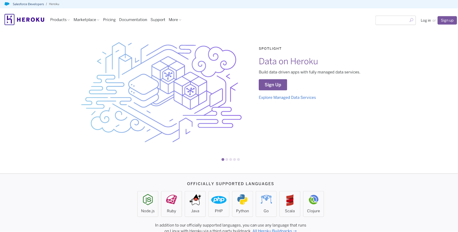 Heroku homepage screenshot showing the supported code languages and a button for sign up