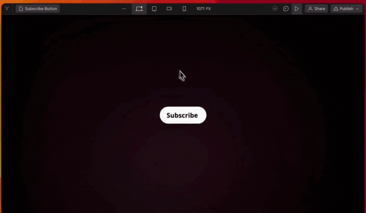 An interactive animation shown with a subscribe button that changes color and shows some stars when clicked