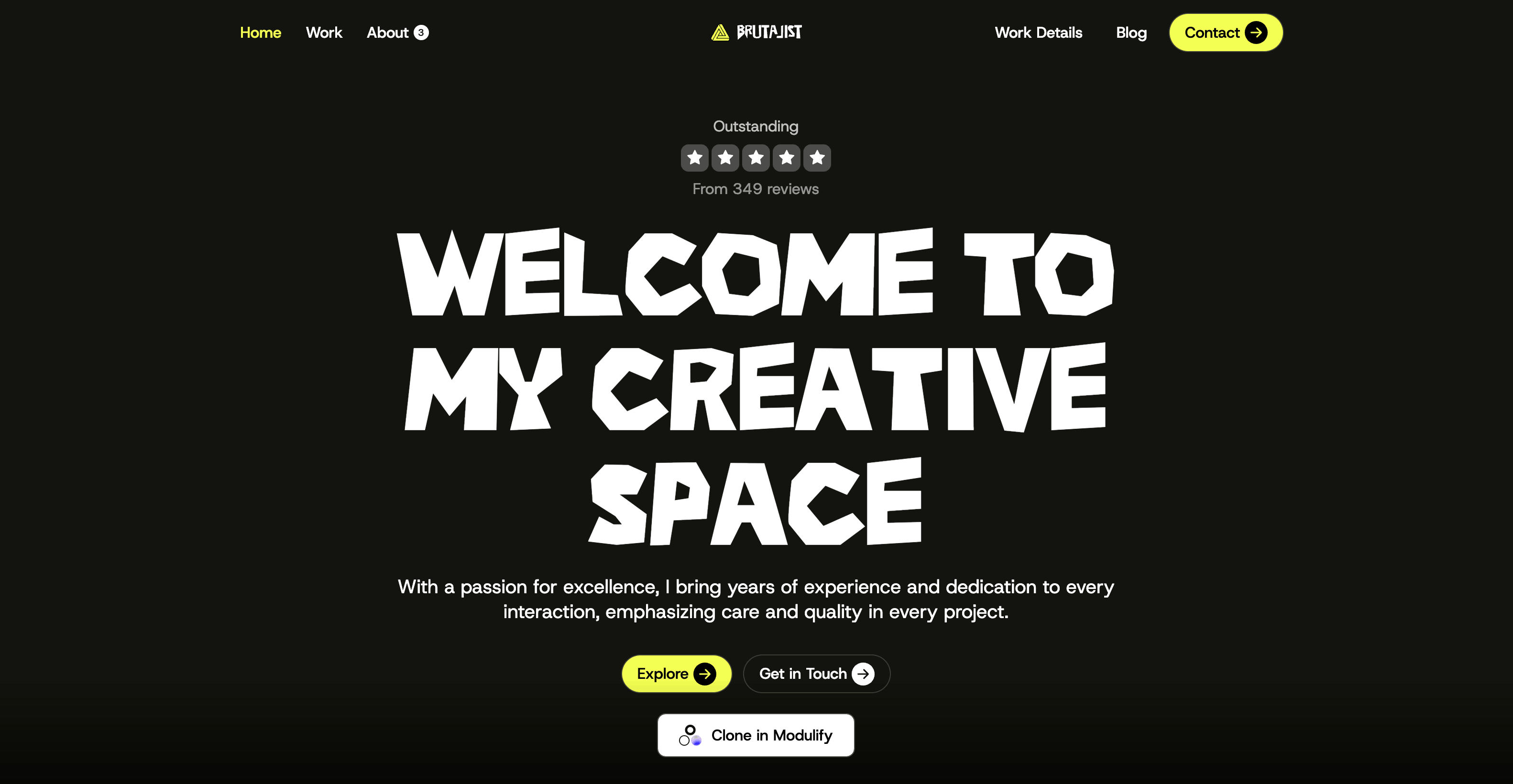 Free webflow portfolio cloneable template showing a dark-themed creative portfolio homepage with bold oversized typography, high-contrast design, star rating section, and prominent call-to-action buttons.