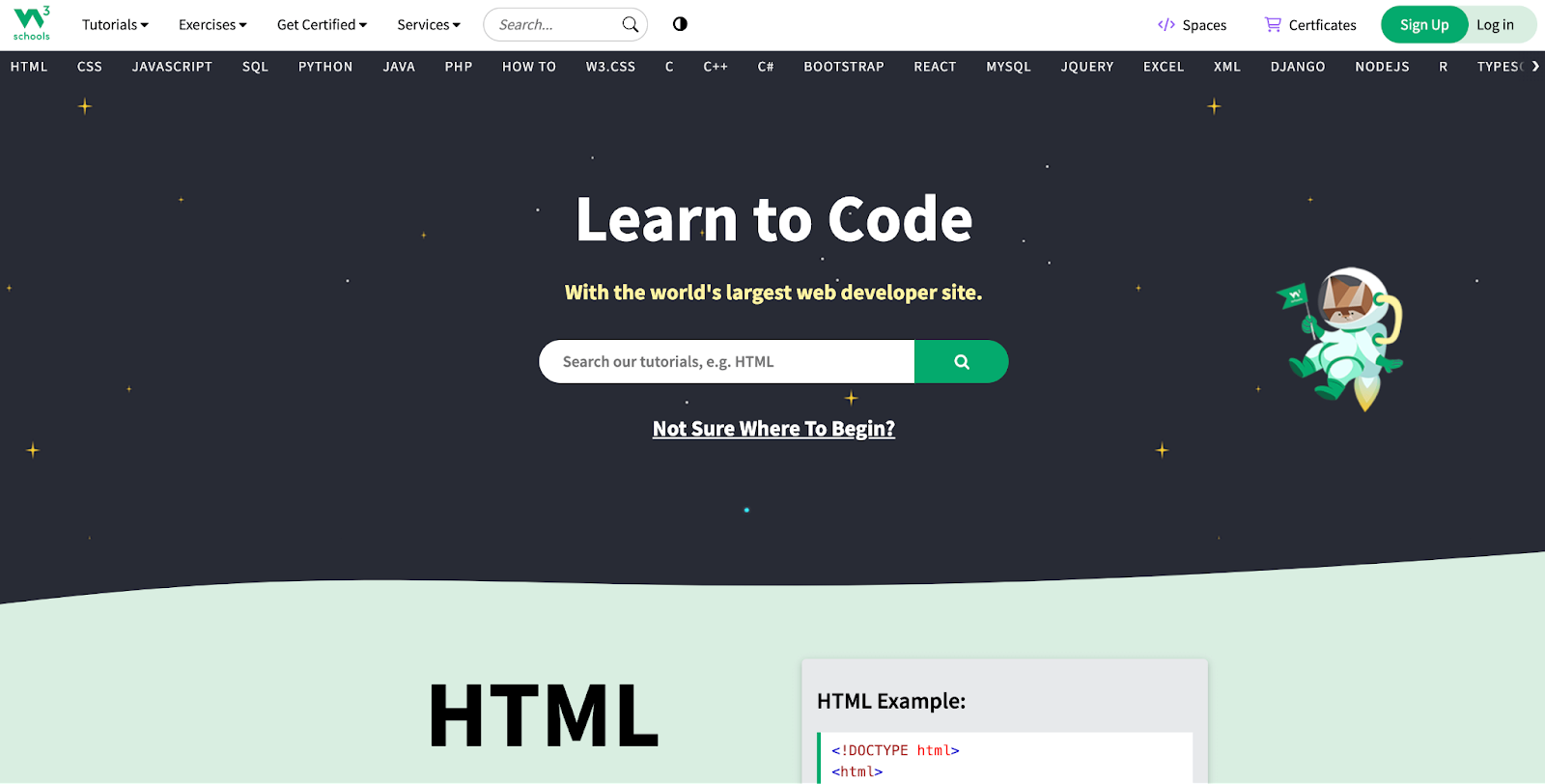 A screenshot of W3School's homepage saying in the middle Learn to Code