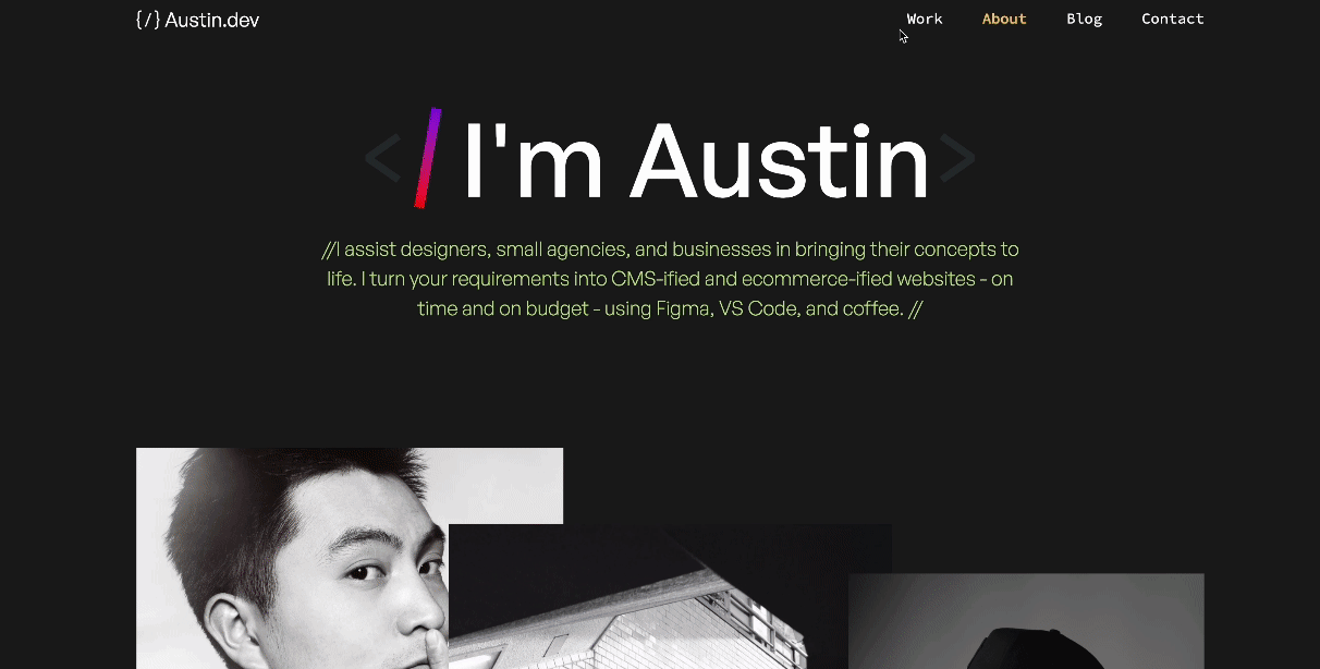 A transition animation example shown in the Austin Webflow Portfolio template