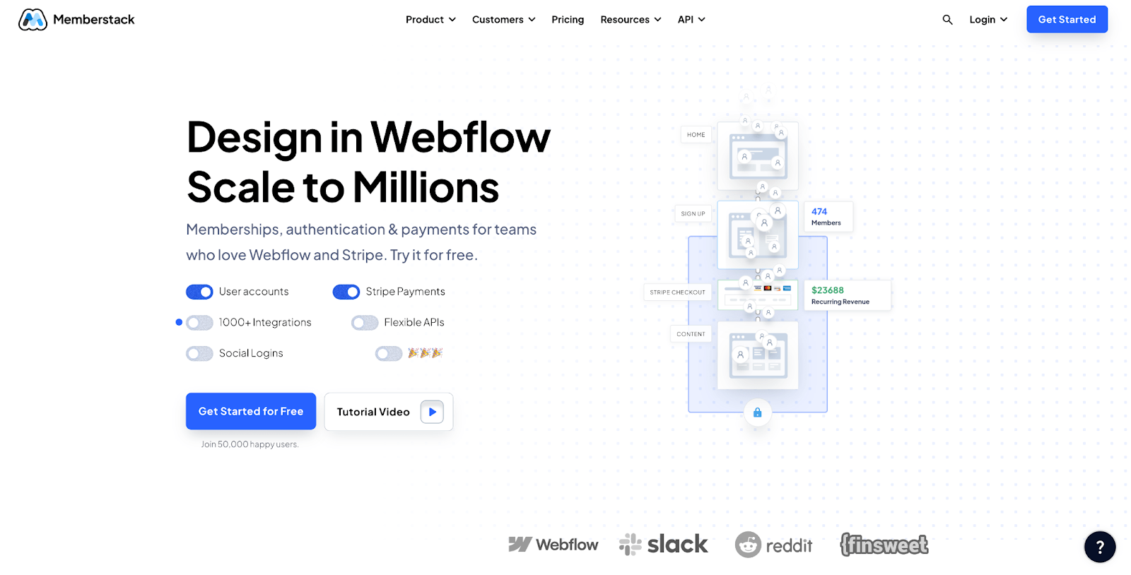 A preview of the Memberstack website - a text in bold in the hero section reads "Design in Webflow Scale to Millions"
