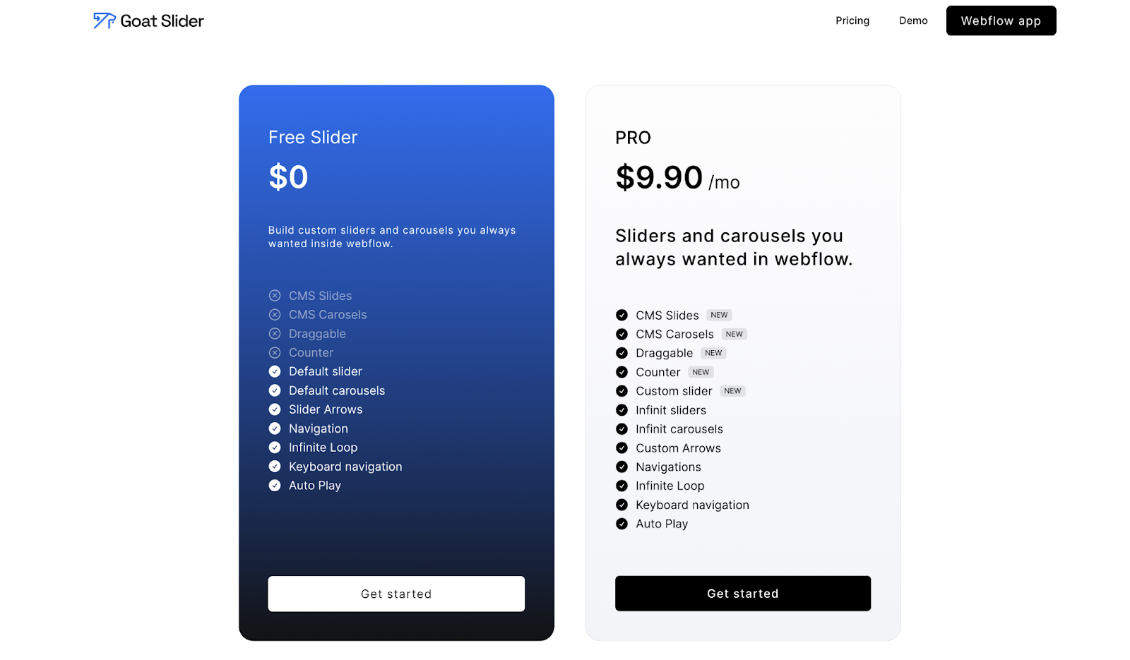 An image of Goat Slider pricing plans and features, the image shows what is included in the free plan and what is extra with the Pro plan that costs $9.90 per month!
