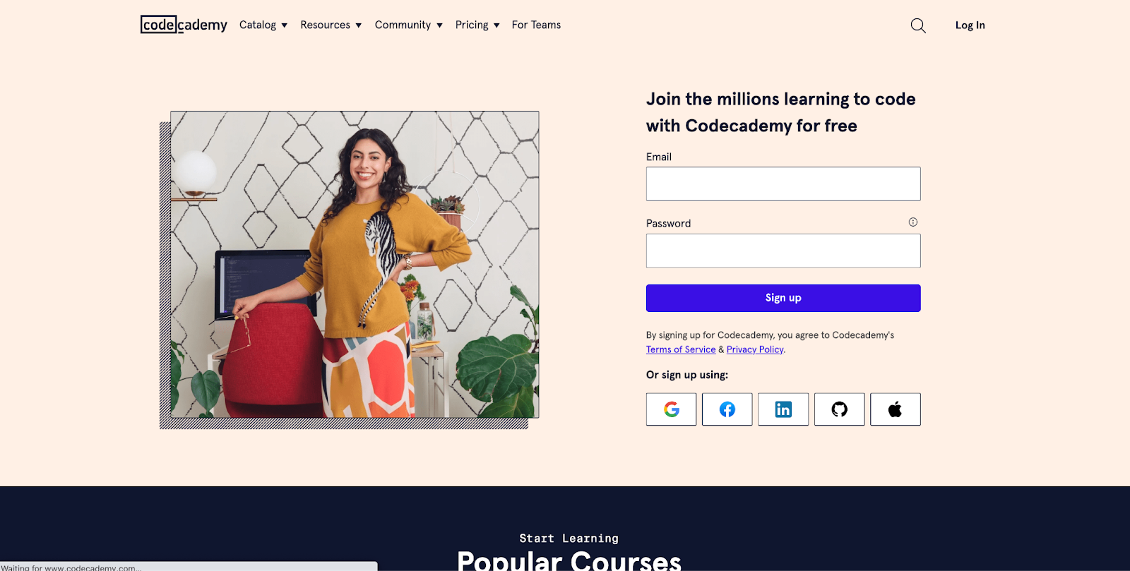 Codecademy's homepage screenshot with an email and password bar to sign up