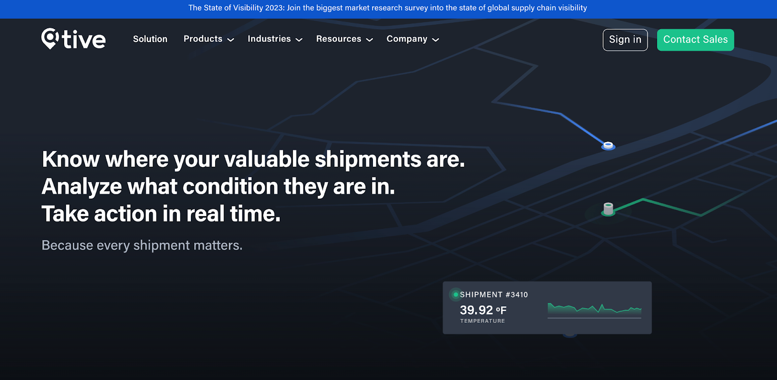 Tive website showcasing real-time tracking and analysis of shipment conditions, saying in the hero section "Know where your valuable shipments are".