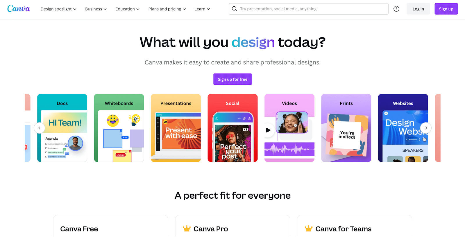 Canva's homepage screenshot asking in the hero section "what will you design today?"