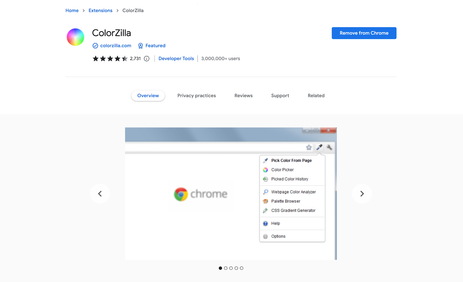 A screenshot of Colorzilla extension from the Chrome webstore page