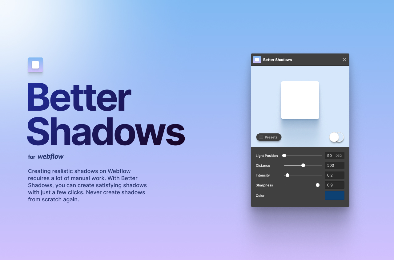 A preview of the Better Shadows Webflow App - an app that allows you to create realistic shadows with only a few clicks
