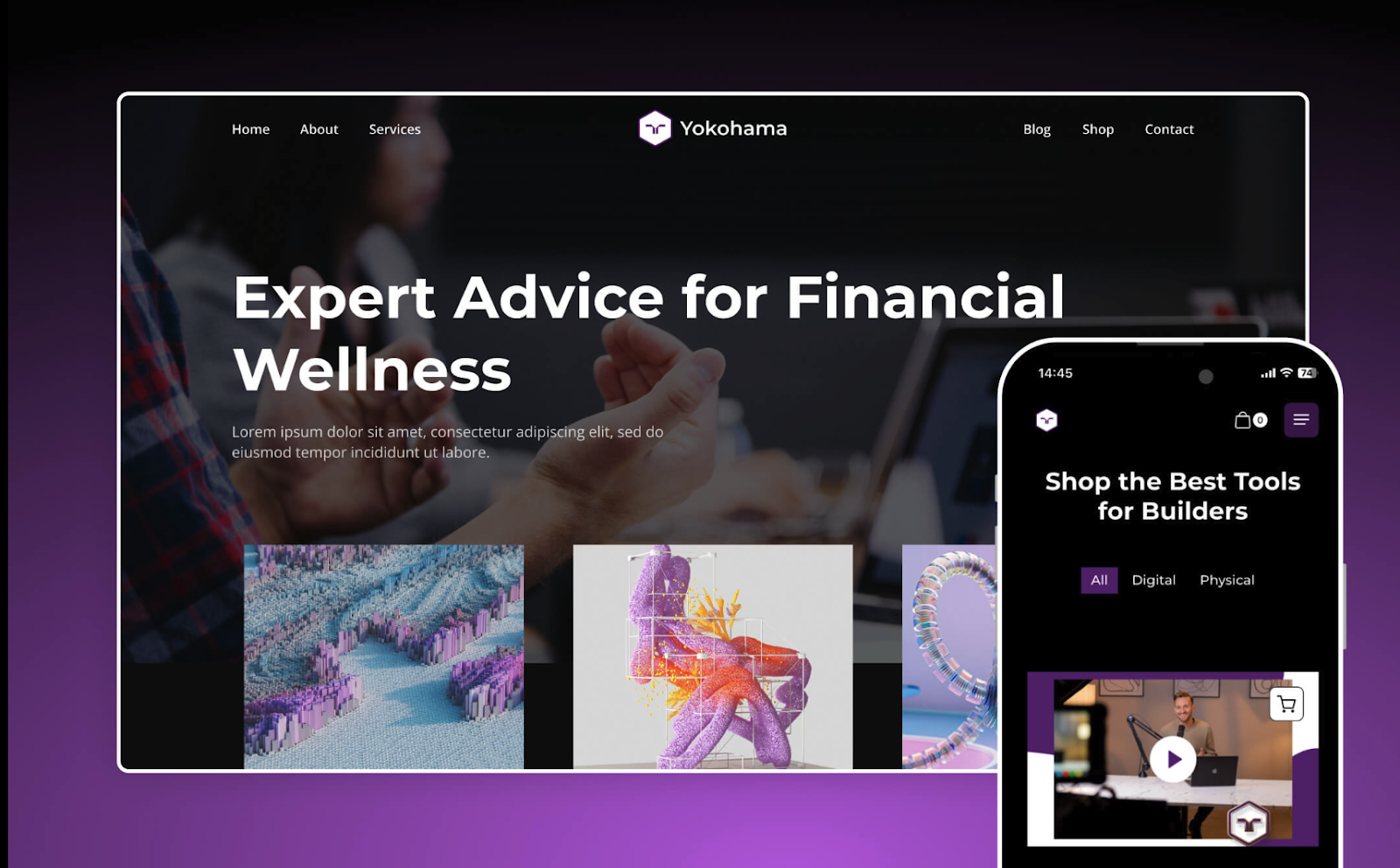 Yokohama Webflow Agency Template showing homepage design displaying a header titled "expert advice for financial wellness" with multiple images and promotional content for building tools.