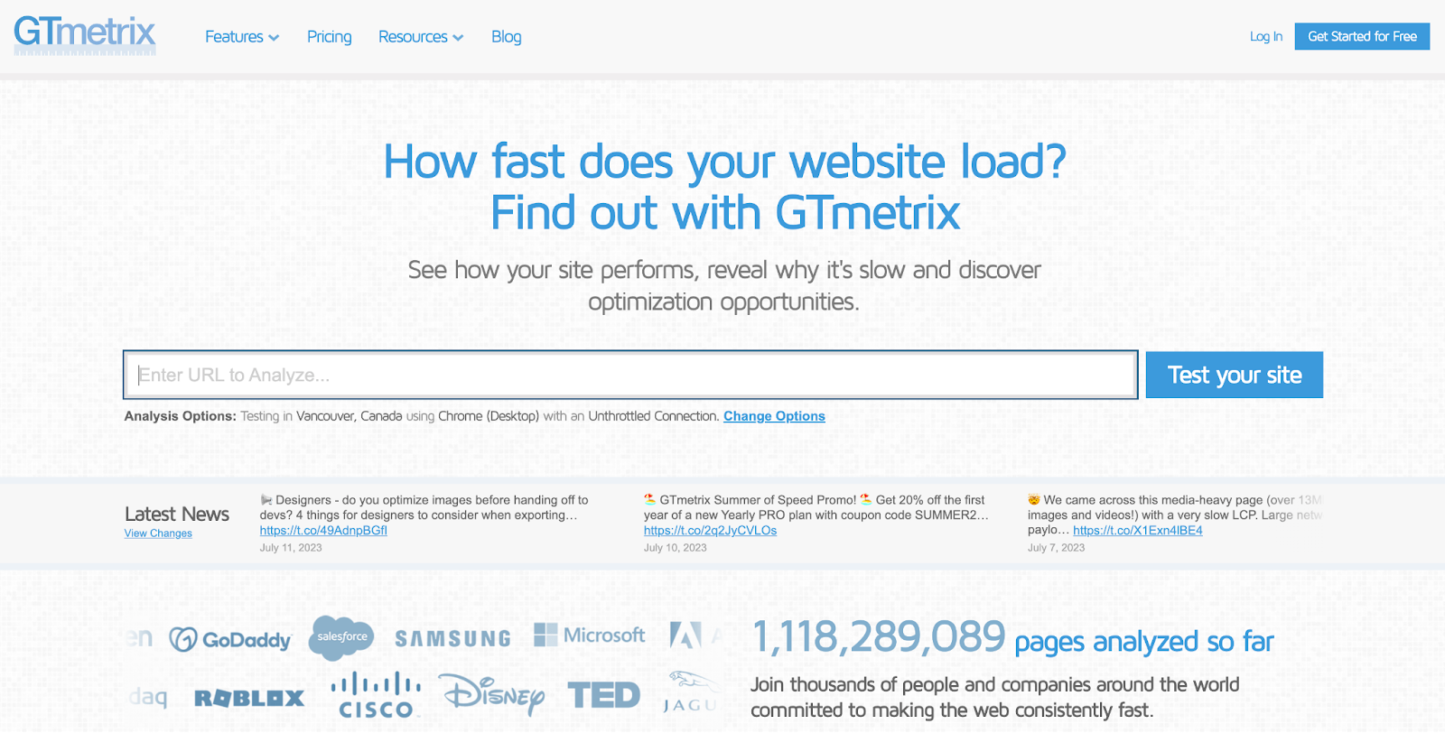 GTmetrix's homepage screenshot - with text in the middle saying " How fast does your website load"