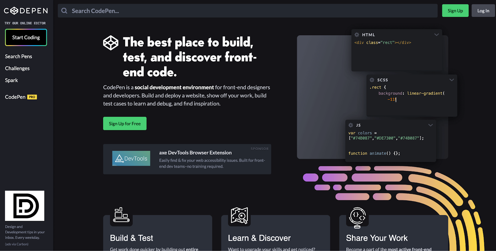 CodePen's homepage view. It writes "The best place to build, test and discover front-end code".