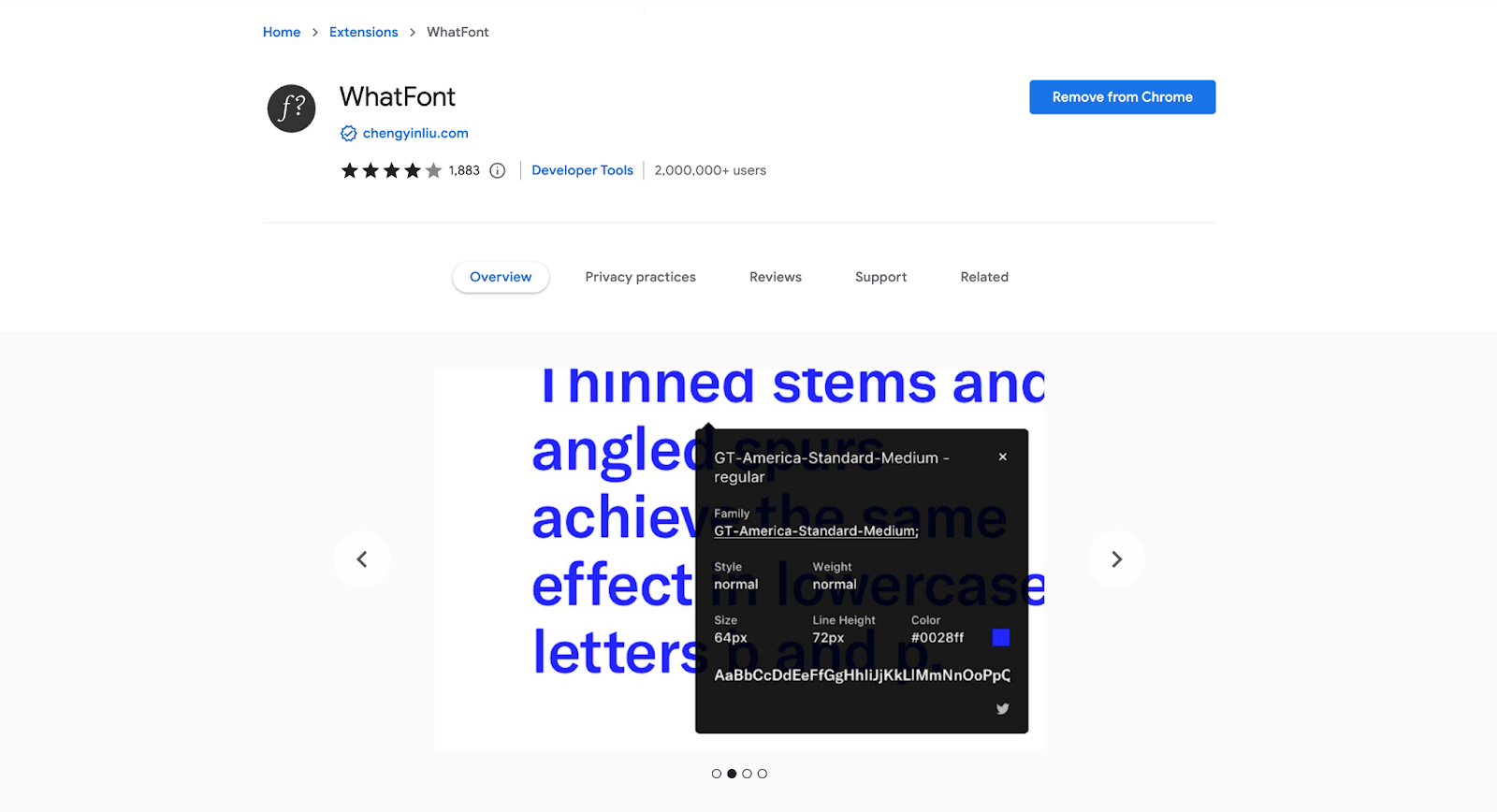 A picture of the Whatfont Chrome extension inside the chrome extension web store