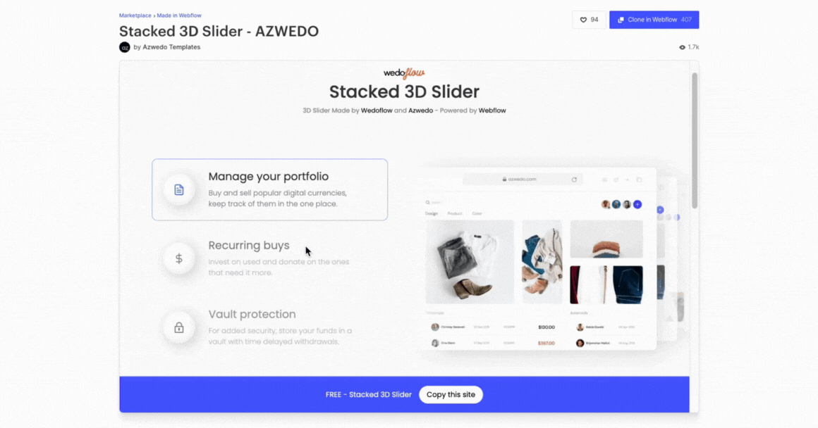 Stacked 3D slider webflow clonable component - animation gif preview