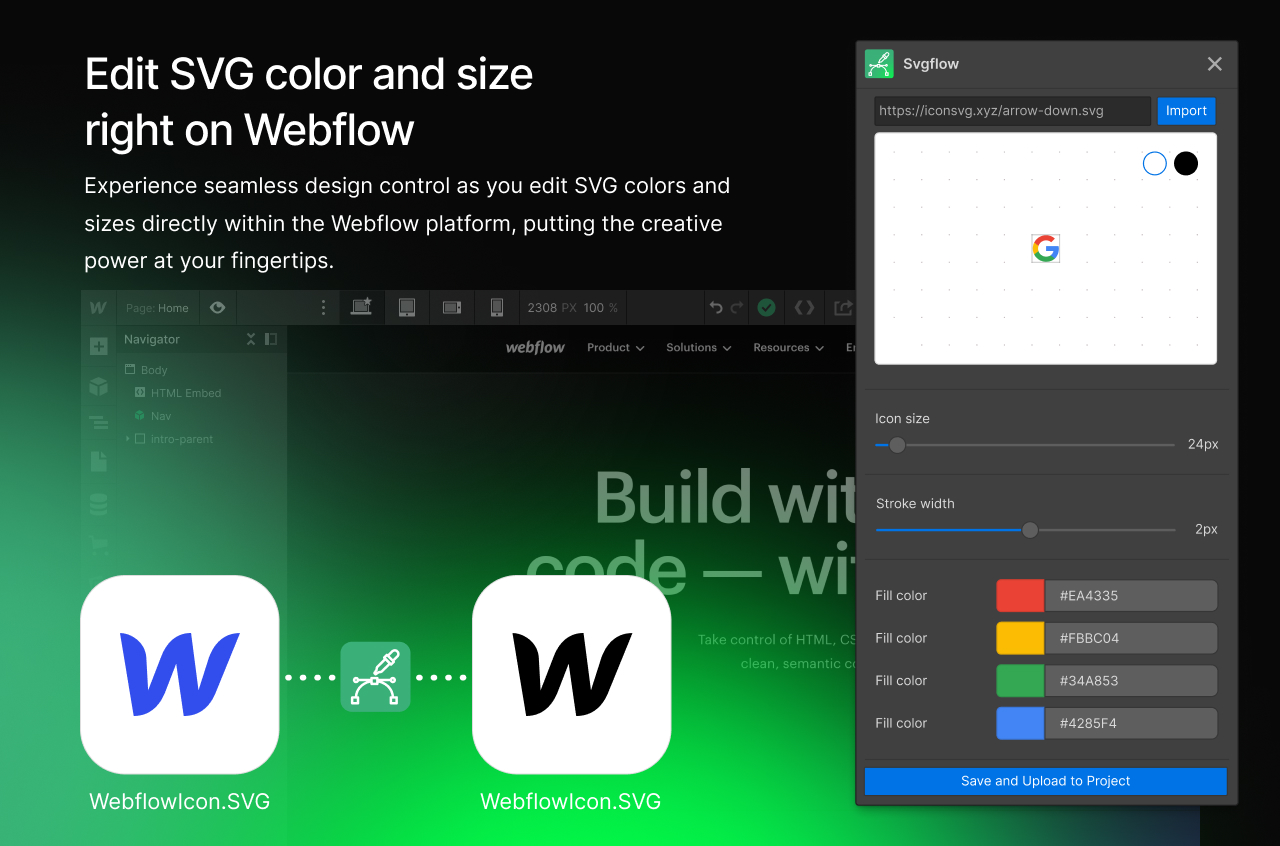 A preview of the SVG Flow Webflow App showing how ou can edit the SVG color and size right on Webflow