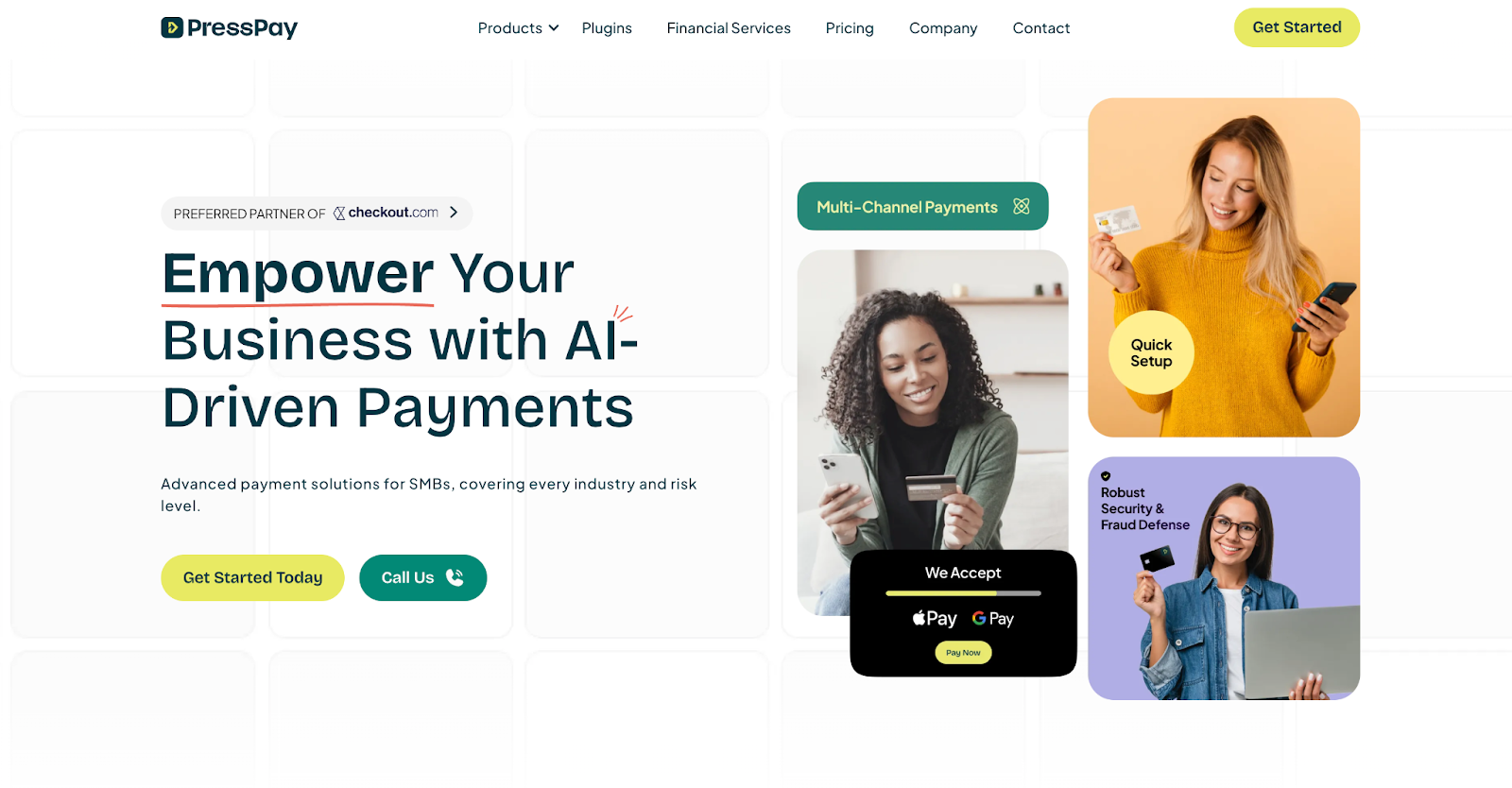 The homepage of PressPay website showing 3 women in the hero section and a text on the side saying "Empower your Business with AI payments"