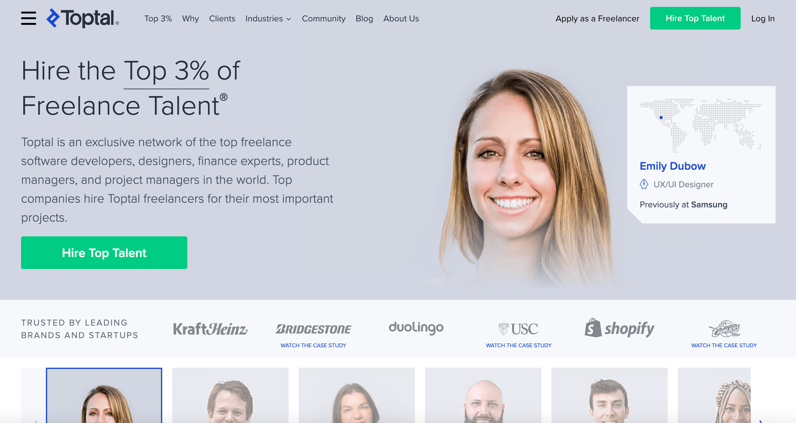 A homepage view of the Toptal website - Wedoflow