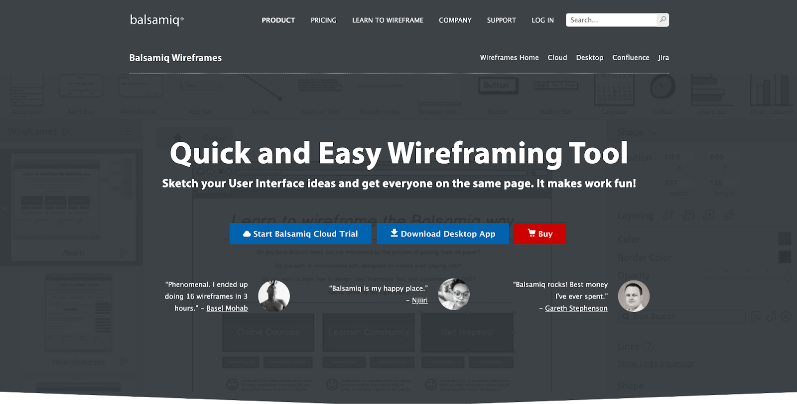 Balsamiq Wireframes homepage screenshot. It displays a text saying "Quick and easy Wireframing Tool"