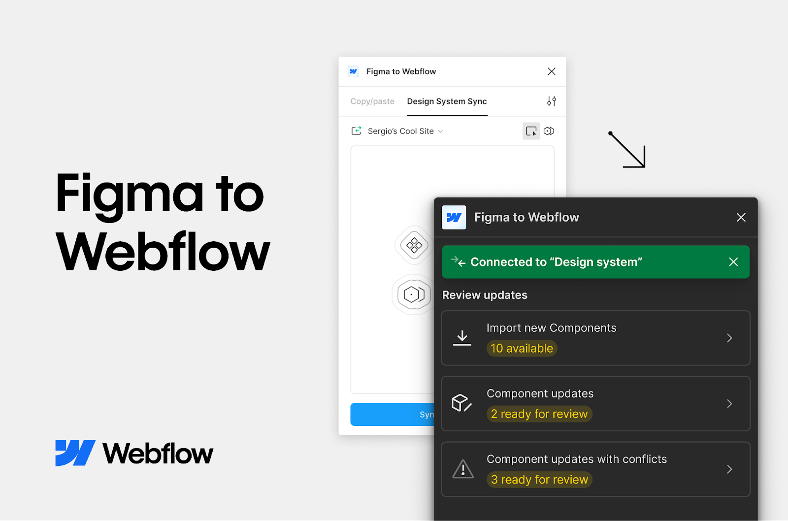 A preview of the Figma to Webflow - Webflow App showing some of its capabilities to import components, update them, etc.