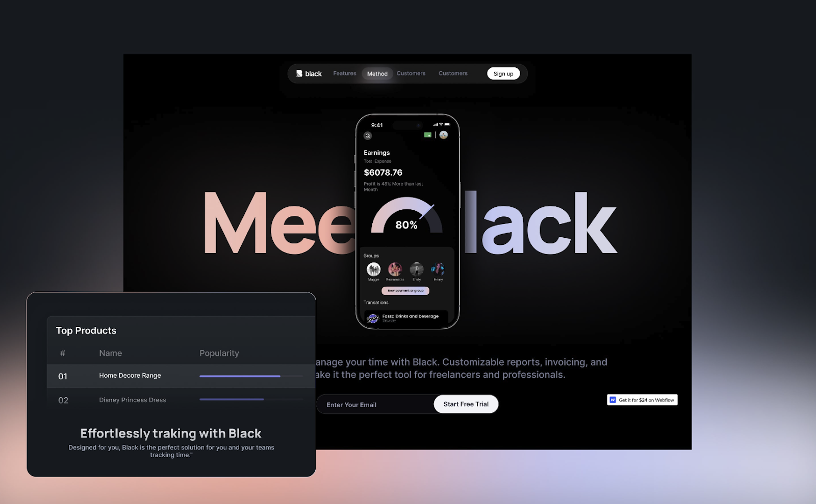 'Meet black' message with a 3d iphone on the middle of the hero section displayed on the Black Web App Webflow Template