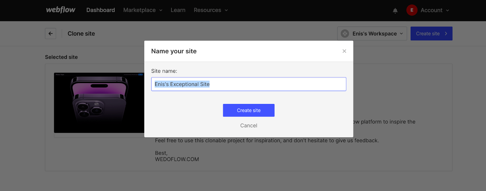 A photo showing how to name the workspace and create the webflow cloneable site