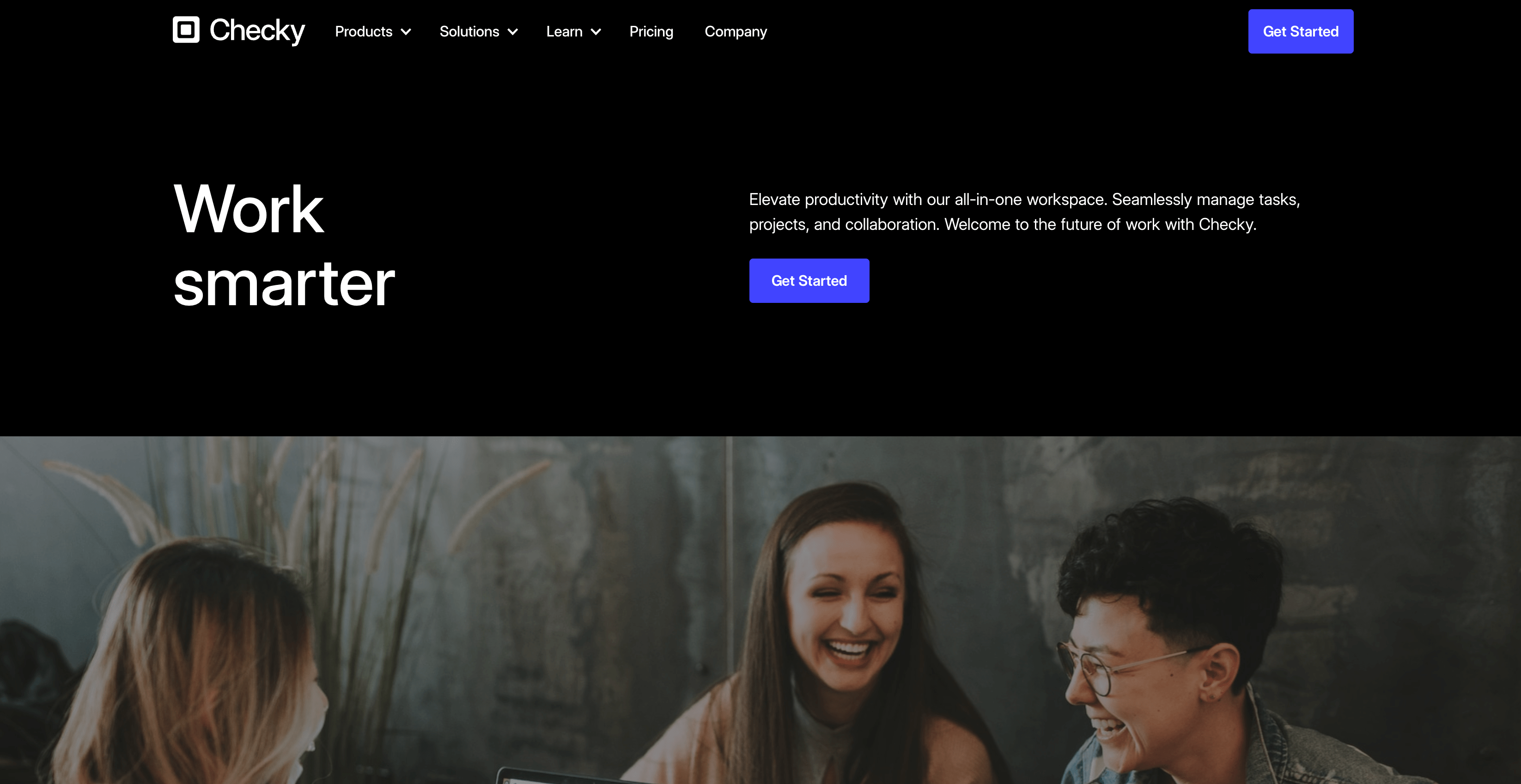 Checky template homepage with a minimalist design, featuring a call to action button that says "Get Started" and a headline that reads "Seamlessly Manage Tasks, Projects, and Collaboration with Checky."