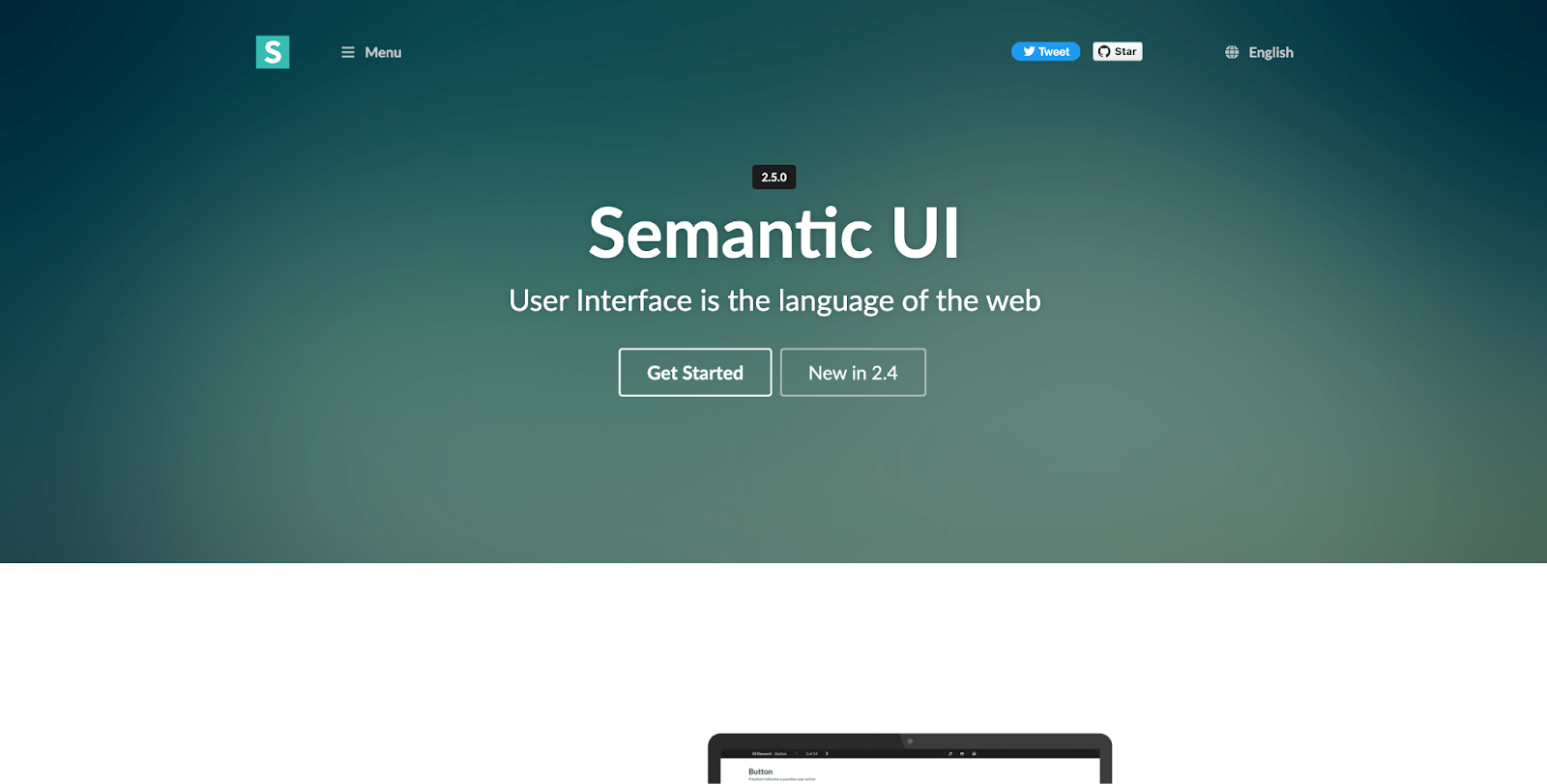 Semantic Ui homepage view with a green background and "semantic ui" text in the middle