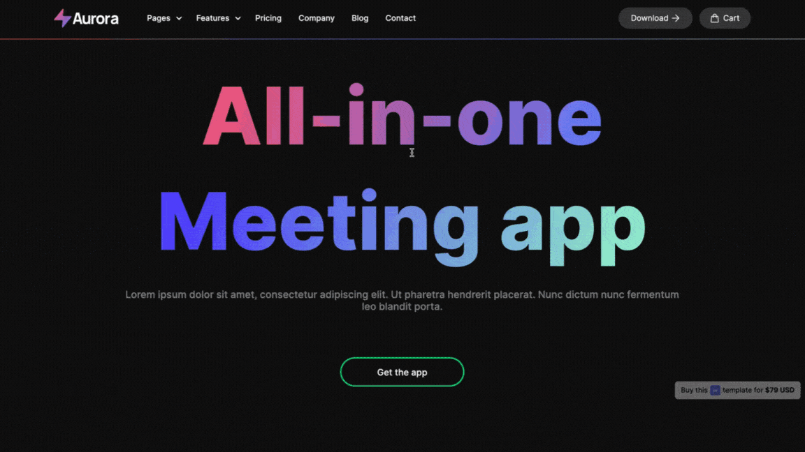 Aurora SaaS website template, a gif preview of the homepage interactions