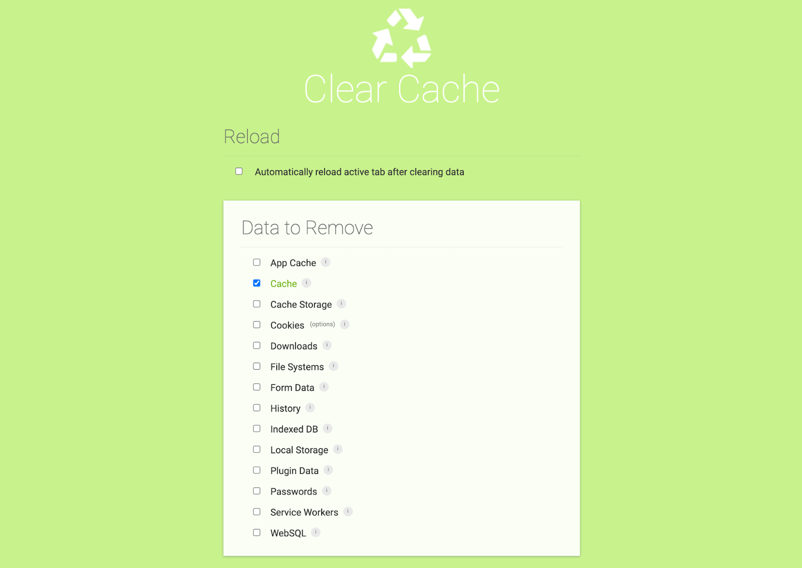 A picture of Clear cache chrome extension and its options for customization