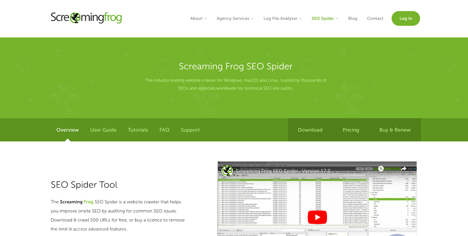 Screaming Frog's homepage screenshot with a green and white interface