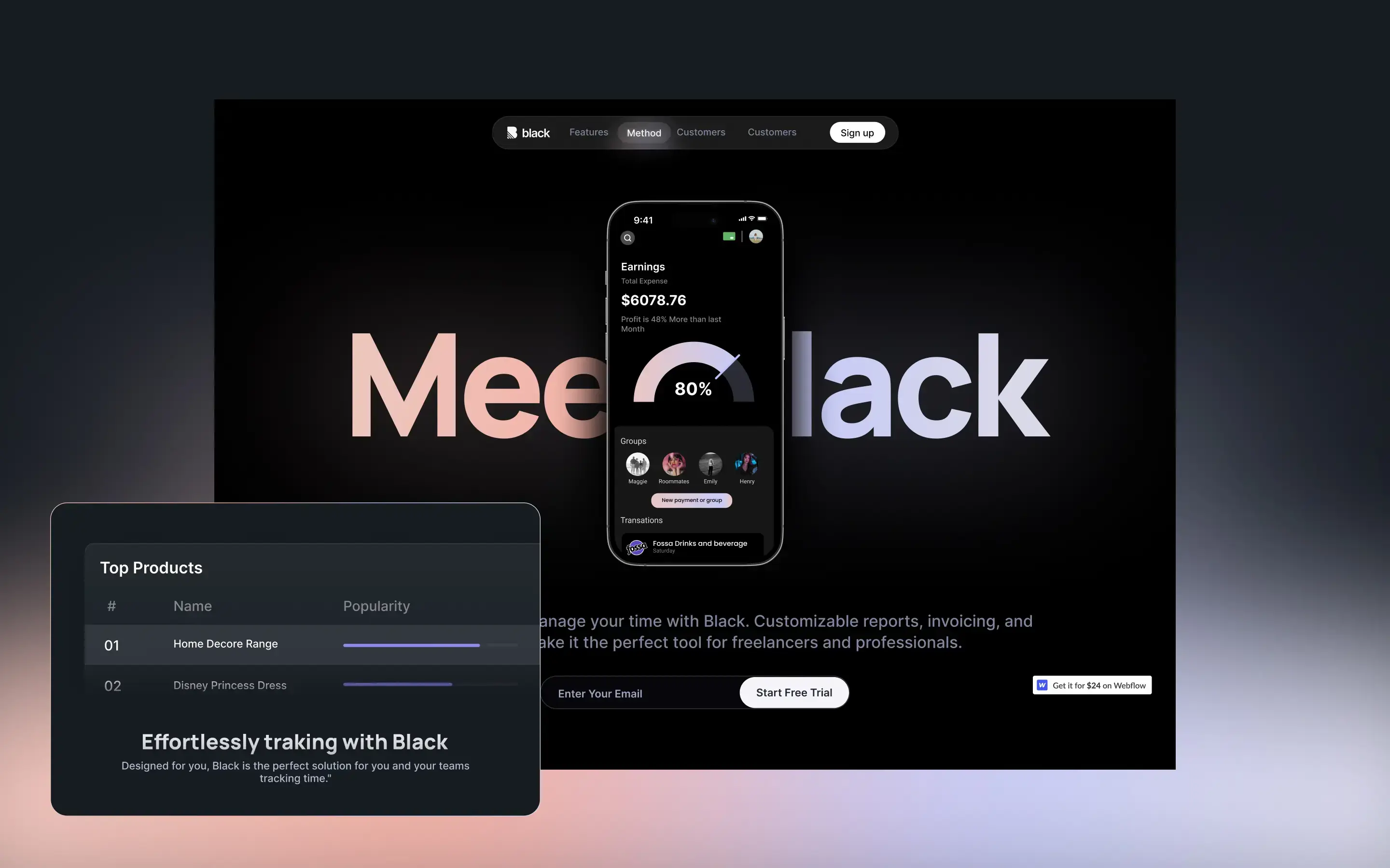 A view of the Black Plus Webflow SaaS website template - elegant template design from Azwedo